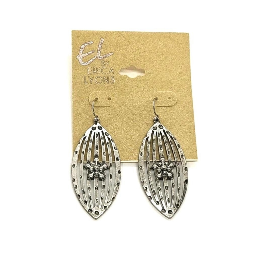 Erica Lyons Oxidized Silver Tone Leaf Statement Earrings, Filigree Boho Dangle